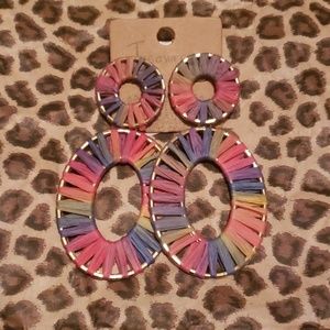 Rainbow Wrapped Raffia Gold Boho Earrings